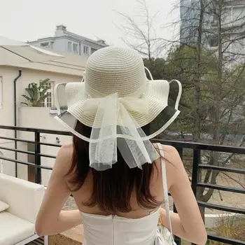 2023 Нова сгъваема дамска сламена шапка от слънцето с широка периферия и перли, плажна шапка с защита от uv пътна шапка, дамска плажна шапка, подарък за рожден ден