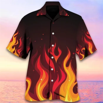 2024 Мъжка Риза с 3D Принтом Пламък, Хавайски Ежедневни Риза С Къси Ръкави, с Модерна Риза С Ревера За Почивка на Плажа, Мъжка Лятна Риза, Дрехи