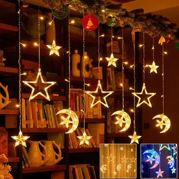 3 М 126LED Луната Звезда Страхотна Струнни Светлини, Захранван С Батерии Закрит Домашен Завеса Icicle Приказна Светлина на Коледно Парти Украса на Прозорци
