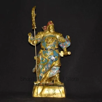 38 см Мед Перегородчатая емайл Бог-воин На Гонг Ю Меч на Дракона Позлатена статуетка