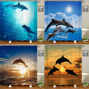 3D Печат Океански Делфин Завеса За Душа В Банята Морски Пейзаж Декорация на Дома, Водоустойчив Полиестер Завеса с плетене на една Кука Завеса