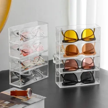 4-слойный Пластмасов чекмеджето за съхранение на очила, слънчеви очила, Прозрачни пылезащитной козметика, настолни канцеларски материали, играчки, стеллажа за съхранение