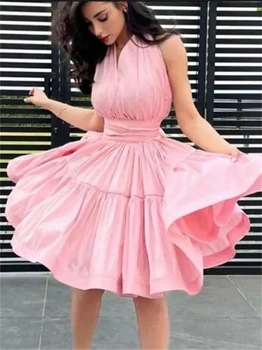 ANGELSBRIDEP Кратко Розова рокля за срещата на завършилите трапецовидна форма на бретелях в сгъвката, секси вечерна рокля за бала чаена дължина, Горещи коктейлни халати de soirée