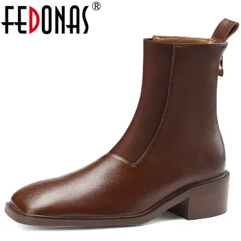 FEDONAS/ Ботильоны за зрели жени, Лаконичен офис дамски обувки от естествена кожа на дебелите обувки с квадратни пръсти, дамски обувки Есен-зима
