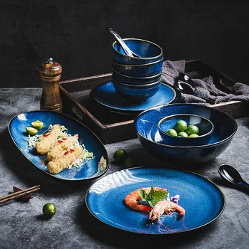 KINGLANG Набор от керамични съдове с глазура в японската синя печка, ориз и купа, чиния, лъжица, суповая купа за Udon-Ramen, ястие