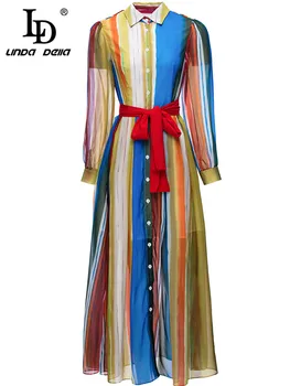 LD LINDA DELLA 2023, Ново модно Дизайнерско пролетта рокля за подиум, женски свободното си дълга рокля с отложным яката на цветна ивица и колан