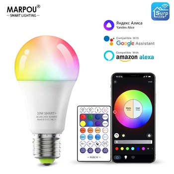 Led лампа MARPOU с мощност 10 W с Wi-Fi, приложението Smart Lamp, гласово дистанционно управление, с помощта на Google Assistant Алекса Yandex, 220 В, с регулируема яркост на осветлението.