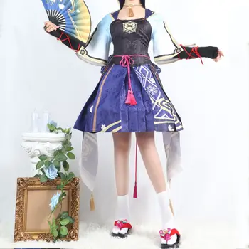 Аниме Игра Genshin Impact Аяка Камисато Cosplay Костюм за Жени, Момичета Парти Хелоуин и Перука, Обувки, Китайски фен рокля