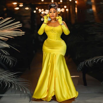 Африкански Ярко жълти рокли за абитуриентски бал с русалочкой, корсет с сърце, Дълги рокли за абитуриентски бал, вечерна рокля Aso Ebi в Нигерия, по-големи размери