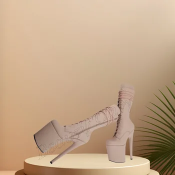 Ботуши Каки С Кръстосани Шнур Отпред, Дамски Обувки на Платформа до средата на Прасците С Остри Пръсти На Висок Ток 2023, Zapatos Para Mujere