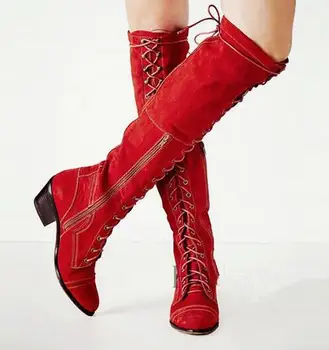 Ботуши над коляното на не сужающемся надолу масивна токчета, дамски зимни обувки от червен велур дантела с кръгла пръсти, дълги Зимни ботуши с цип
