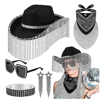 В комплект ковбойских шапки за моминско парти са включени каубойски шапки за булката, слънчеви очила, обеци, гривна и кърпи; подпори за сватбеното парти.