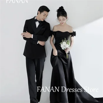 Вечерни рокли на Русалка с открити рамене FANAN, Модни Сатен Черни Прости Корейски Сватбени Дамски официални рокли за бала