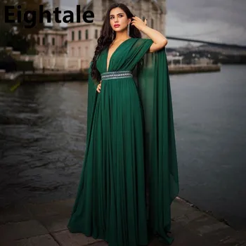 Вечерни рокли, от изумрудено-зелен шифон Eightale, дълги ръкави-наметало, V-образно деколте, апликация в областта на талията, с дължина до пода, абитуриентски рокли за жени в Дубай