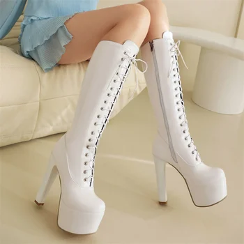 Дамски ботуши до коляното от лачена кожа 2023, пикантен дамски обувки на платформа за танци в нощен клуб дантела, размер 47, директна доставка