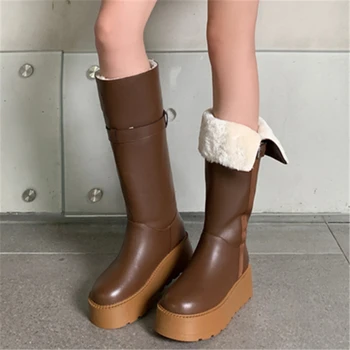 Дамски зимни обувки от естествена кожа и козина с дебела подметка, в масивна ток до коляното, без закопчалка, модерен зимни топли обувки без закопчалка