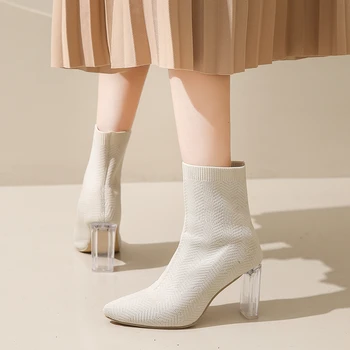 Дамски обувки 2023, модни дамски обувки с ръкави, есенна однотонная обувки с остри пръсти, дамски модни обувки на дебелите ток е със средна дължина