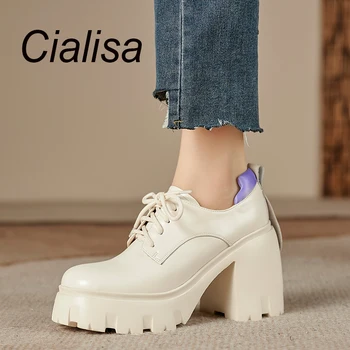 Дамски обувки на платформа Cialisa/ Пролетни ежедневни лоферы ръчна изработка от естествена кожа, с кръгли пръсти, дантела, Обувки на висок масивна ток бежов цвят