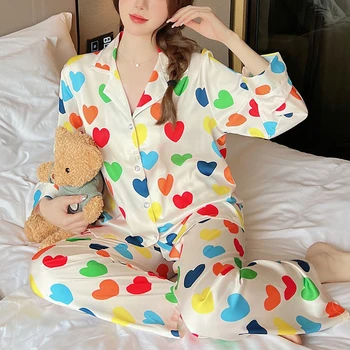 Дамски пижами, копринени пижами във формата на сърце, пролетно-есенна дрехи, комплекти за тон, дамски дрехи големи размери