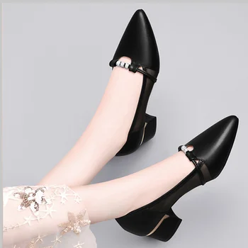 Дамски черни обувки на среден ток 2023, дамски летни обувки, Зелена Ежедневни обувки от естествена кожа с остри пръсти, 39 E Chic Point