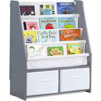 Детска лавица за книги Рафтове за детски книги с две чекмеджета за съхранение и рафтове-органайзерами за детски играчки, Детски шкафове от естествено масивно дърво