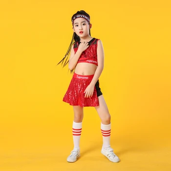 Детска сценична танцови облекла, детски хип-хоп червен хип-хоп джаз танц костюм, модерна рокля с пайети, дрехи за момичета-черлидеров.