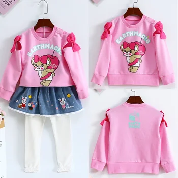Детски дрехи EM Японската марка Tide За момичета, свободен модерен пуловер Magic Bear с дълги ръкави и лък в сладък стил на принцесата