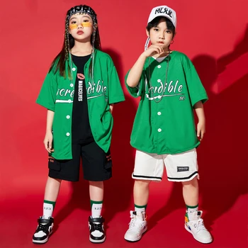 Детски дрехи за улични танци, облекла за практикуване на джаз танци За момичета, Зелена риза, дрехи за момчета в стил хип-хоп, екипировки за показване на модния подиум DQL7170