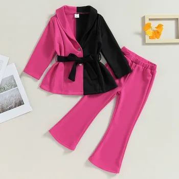 Детски комплекти, панталони за малки момичета, пролет-есен облекло, блузи контрастен цвят с колан, на шпакловка и обикновена разкроена панталони