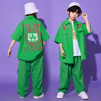Детски облекла в стил хип-хоп, зелена риза с къс ръкав, ежедневни градинска дрехи, широки панталони за момичета и момчета, дрехи за джаз танци