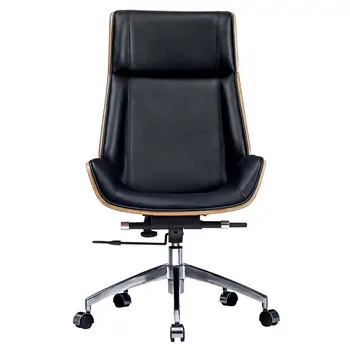Ергономичен офис стол от естествена кожа, Без подлакътници, работен стол, направен от орехово дърво