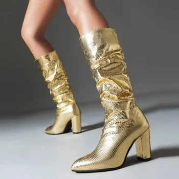 Есенно-зимни ботуши на висок ток с змеиным модел, пикантни женски ботуши до коляното с остри пръсти, женски нагънат обувки от изкуствена кожа, без закопчалка