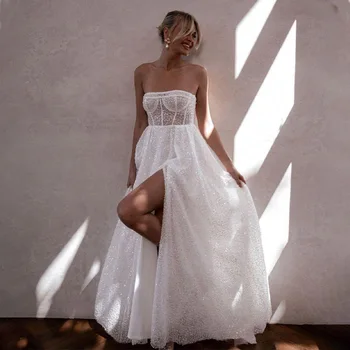 Зашеметяващи Сватбени рокли Трапецовидна форма с тънки спагети презрамки с мъниста и пайети, Зашити на поръчка за младоженци 2024 Vestido De Noival