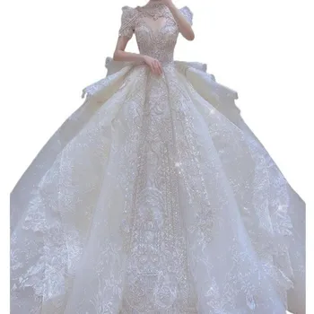 Изискани Луксозни Булчински рокли с къс ръкав, Елегантна Бална рокля на принцеса с шнур и бродерия, сватбени рокли Vestido De Новия