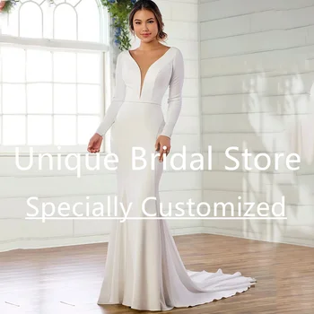 Класически сватбени рокли Русалка размер, дълбоко V-образно деколте, дълъг ръкав, драпированная облегалка, пуговица на гърба, Нов дизайн на сватбена рокля