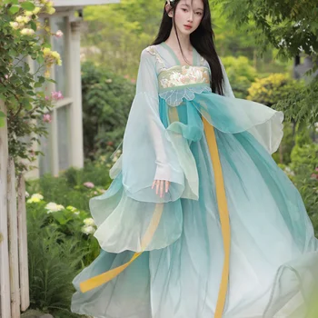 Комплект рокли Hanfu в китайски стил, женски реколта елегантни, с бродерия на цветя, страхотни танцови етап костюми, дамски тоалети сладка принцеса