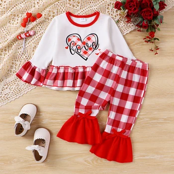 Комплекти дрехи за Свети Валентин за малки момичета, Риза с дълъг ръкав и писмото принтом във формата на сърце, върхове, изпъстрен разкроена панталони, комплект дрехи от 2 теми