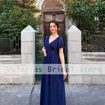 Кралски сини рокли за майките, Дълга елегантна вечерна рокля трапецовидна форма с двойно V-образно деколте, сватбени рокли за партита, Vestidos Para Niñas