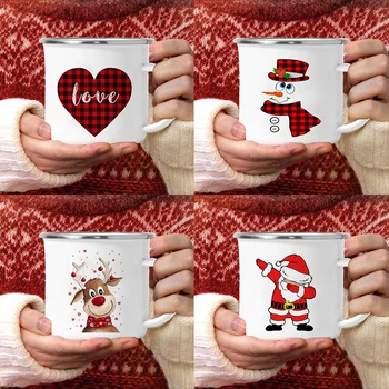 Креативен принт Дядо Коледа, Елен и Снежен човек, чаши за кафе, чай, вино, мляко, сок, Нагреваемые Емайлирани Чаши, Посуда за напитки с дръжка, Коледен подарък