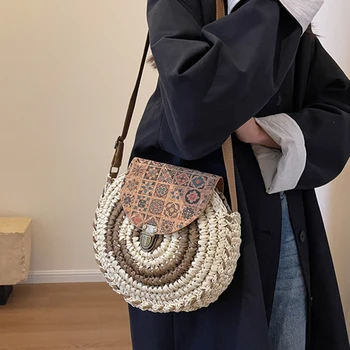 Луксозна кръгла сламена плажна чанта богемные ежедневни чанти за почивка с панти капак Модни тканая чанта ръчна изработка от лико, кръгла чанта от ратан