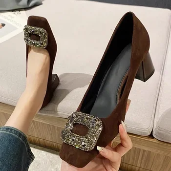 Луксозни дамски обувки на висок ток с кристали, пролетни модела обувки в масивна ток, Летни Сандали 2024 година, Нови дизайнерски обувки-лодка с квадратни пръсти, женски Zapatos