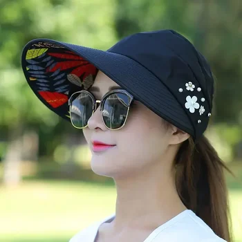 Лятна дамска шапка за почивка на открито с много стряхата, Сгъваеми и Регулируеми шапки с защита от uv, шапки за жените, обикновен шапки в цветенце