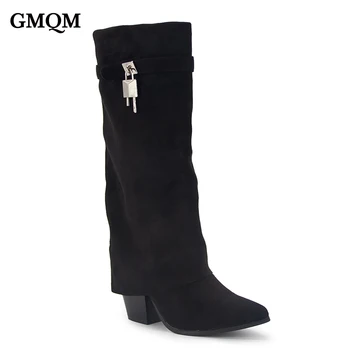 Марка GMQM, Модни дамски каубойски ботуши-пастушки в стил уестърн, на Деним плат е синьо, ботуши до коляното с ключалка Shark на високо масивна обувки, дълги ботуши