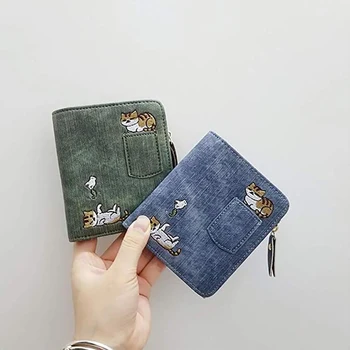 Модерен женски чантата със сладък котка, малък портфейл от изкуствена кожа с цип за момичета, дамски портфейл за карти