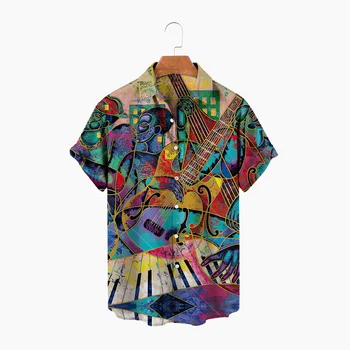 Модерен мъжки хавайска риза в голям размер, с къс ръкав, риза с 3D музикален инструмент за мъже, ежедневни риза в стил рок, мъжки дрехи 2023 година