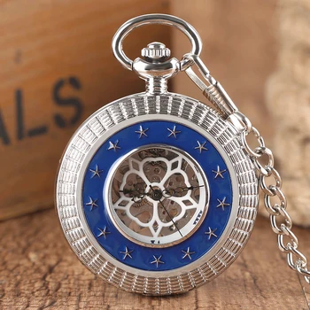 Модерен сребърен джобен часовник с механична ръчна завода за мъже, джобни часовници с окачване като синя звезда с надпис, подаръци за часовници унисекс