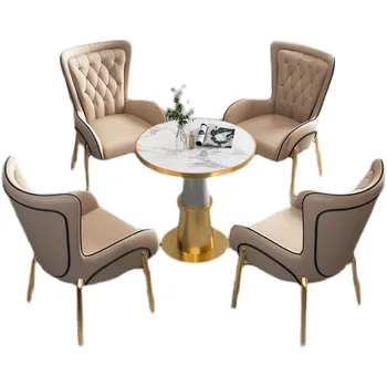 Модерни златни луксозни лъскави, метални столове, ресторант, кафене, кът за стол и маса от естествена кожа по поръчка