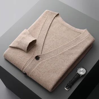 Мъжка жилетка от 100% мериносова вълна, вълнен пуловер, есенно-зимния ново вязаное палто, однотонное палто с дълъг ръкав с високо качество