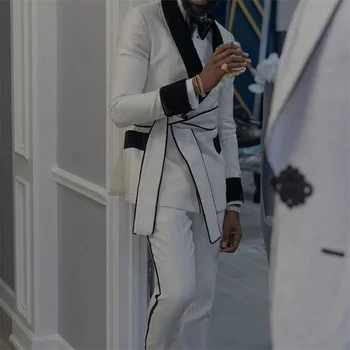 Мъжки костюми, Сако с бял модел, Панталони с колан, костюм за парти, Сватба, облекло по поръчка, яке и панталони от 2 теми