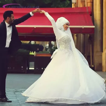 Мюсюлмански булчински рокли с кристали за жени, Дълги ръкави, във, А-образно деколте, Арабски Сватбени рокли с високо воротом, Корсети, Халат за баня